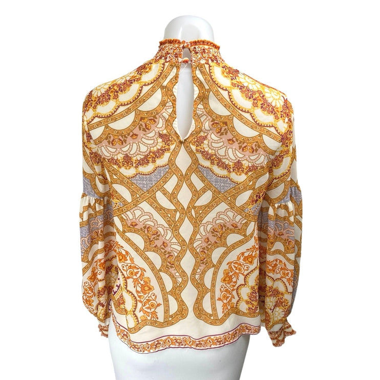 Bohme Multicolor Long Balloon Sleeve Smocked Floral Mock Neck Blouse Top Size XS