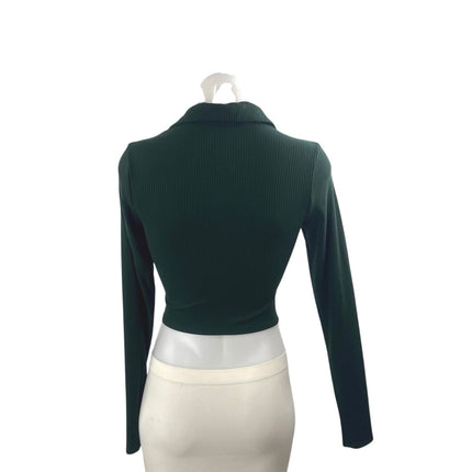 Reformation Green Ribbed Ruched Long Sleeve  Collared Crop Tee T-Shirt Top Sz XS
