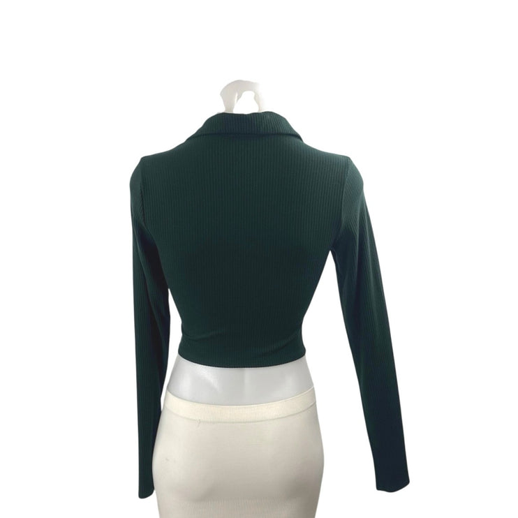 Reformation Green Ribbed Ruched Long Sleeve  Collared Crop Tee T-Shirt Top Sz XS