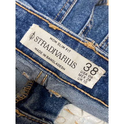 Stradivarius Womens Blue Distressed Slim Fit Straight Leg Mom Denim Jeans Size 6