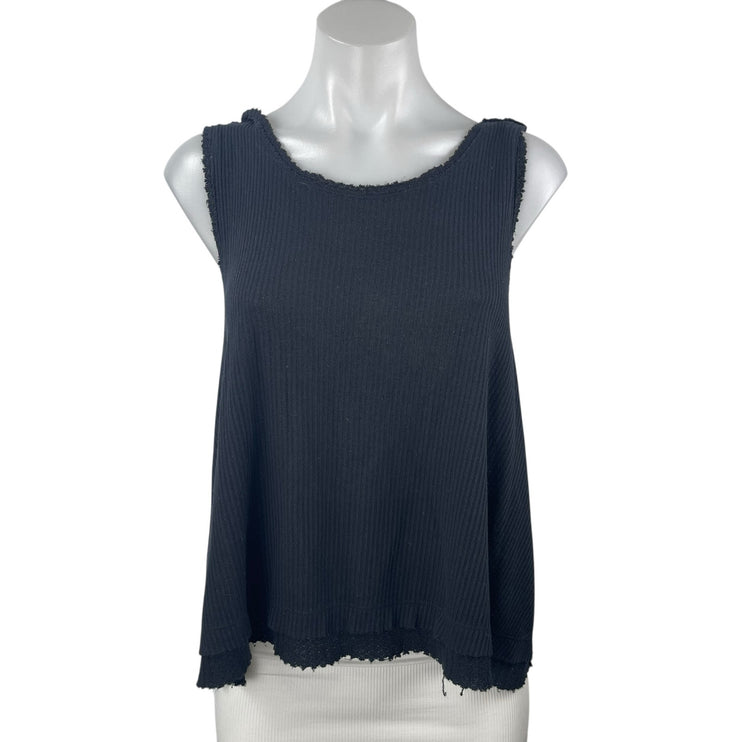 Free People We The Free Black Rib Knit Fringe V Open Back Boxy Tank Top Size S