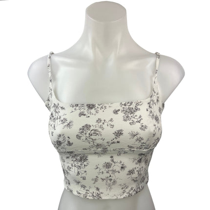 Aritzia Wilfred White Floral Smocked  Square Neck Camisole Crop Tank Top Size S