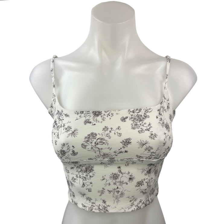 Aritzia Wilfred White Floral Smocked  Square Neck Camisole Crop Tank Top Size S