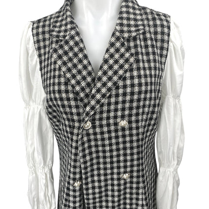 Shein Black White Tweed Long Puff Sleeve Double Breasted Mini Dress Size XL