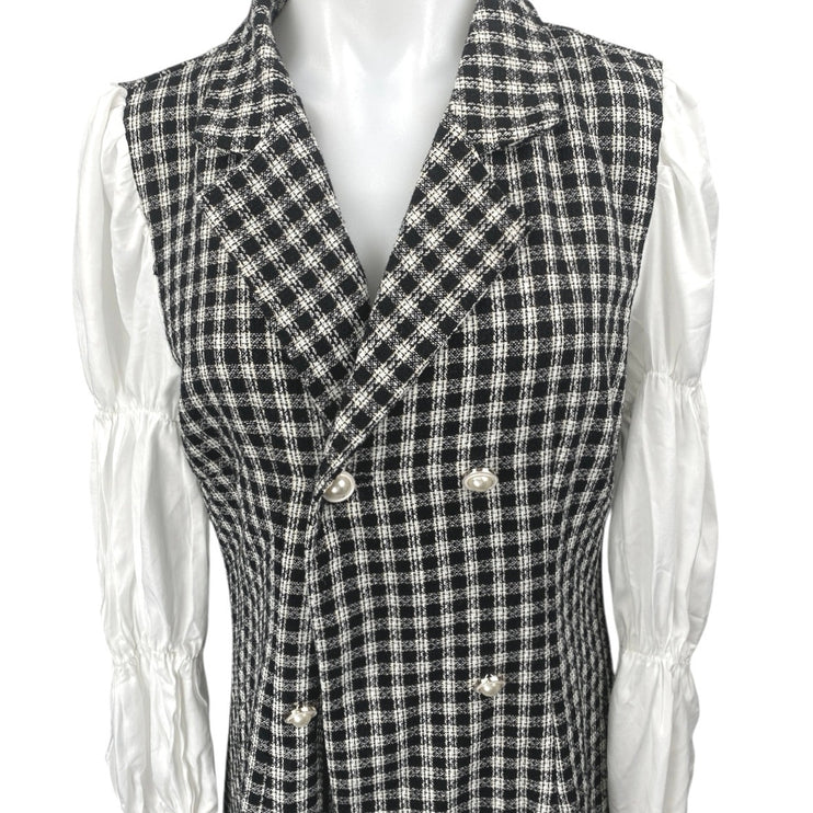 Shein Black White Tweed Long Puff Sleeve Double Breasted Mini Dress Size XL