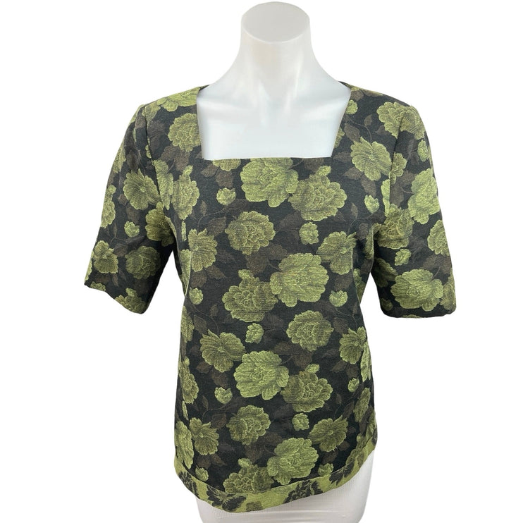 Vintage Yargici Black Green Floral Square Neck Short Sleeve Blouse Top Size L