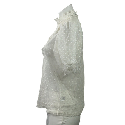 Haute Monde Women's White Short Puff Sleeves Ruffles Sheer Lace Blouse Top Sz S
