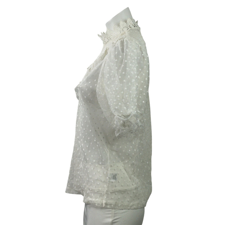Haute Monde Women's White Short Puff Sleeves Ruffles Sheer Lace Blouse Top Sz S
