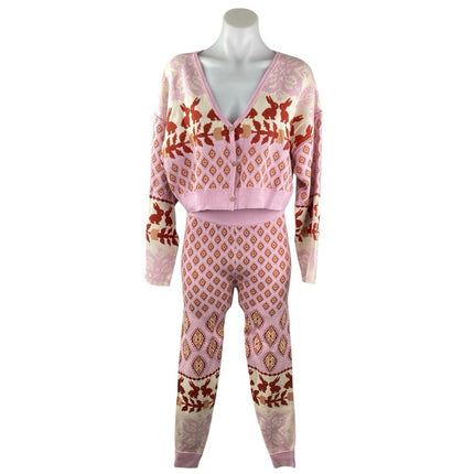 NEW Free People Pink Knit Snow Bunny Crop Sweater 2-Piece Pajama Lounge Set Sz S