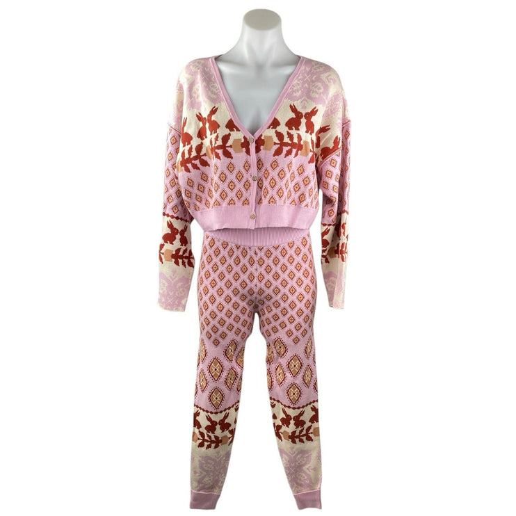 NEW Free People Pink Knit Snow Bunny Crop Sweater 2-Piece Pajama Lounge Set Sz S