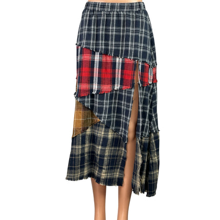 Minga London Multicolor Plaid Patchwork Asymmetric Slit Maxi A-line Skirt Size M