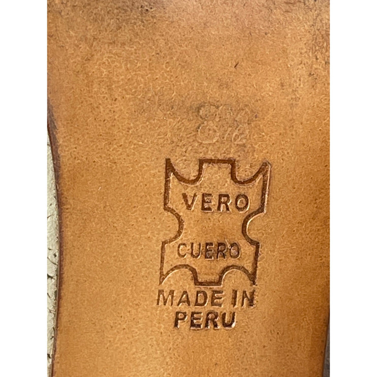 John Fluevog Kendra Gray Beige Floral Leather Pointed Toe Slip On Pump Heels 8.5