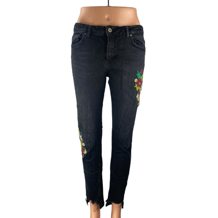 Zara Women's Black Floral Patch Embroidered Mid Rise Skinny Denim Jeans Size 8