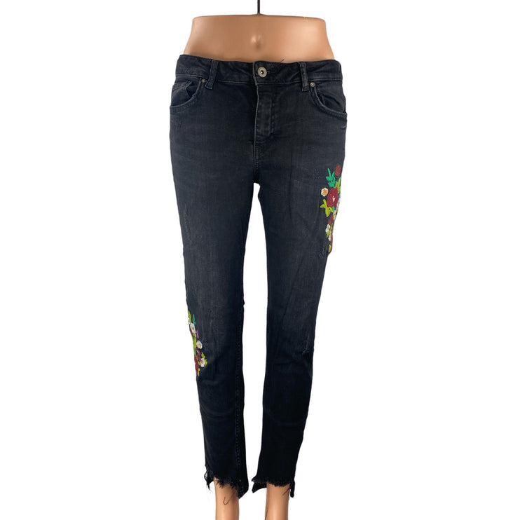 Zara Women's Black Floral Patch Embroidered Mid Rise Skinny Denim Jeans Size 8