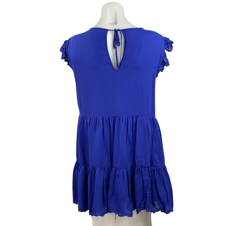 Aritzia Wilfred Women's Blue Ruffle Round Neck Tiered Tunic Blouse Top Size XS