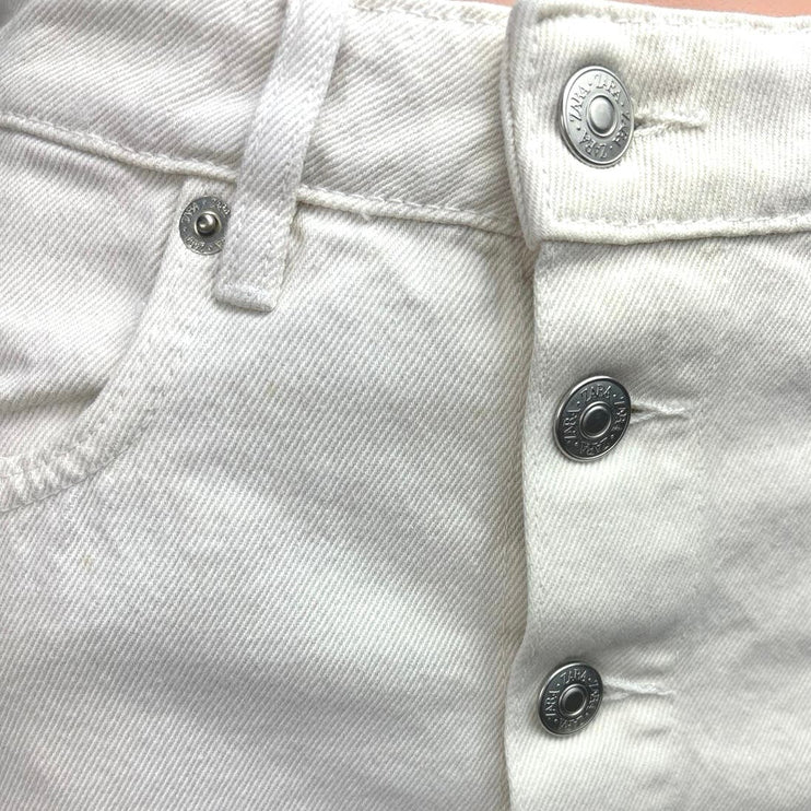 Zara White Button Up Frayed Hem Pencil Straight Jean Denim Mini Skirt Size XS