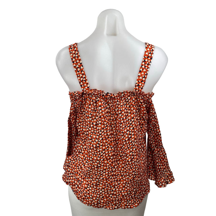 J.Crew Women's Coral 100% Silk Hearts Love Ruffle Cold Shoulder Blouse Top Sz 2