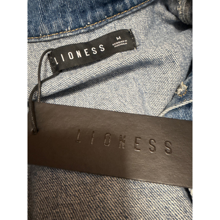 NEW Lioness Women Blue Short Sleeve Button Up Utility Denim Jean Romper Shorts M