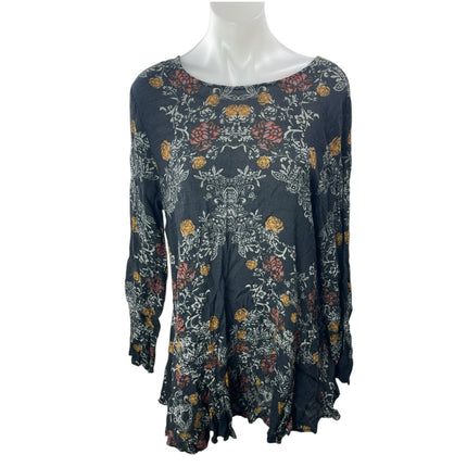 Free People Smooth Talker Black Floral Open Back Long Sleeve Tunic Mini Dress L