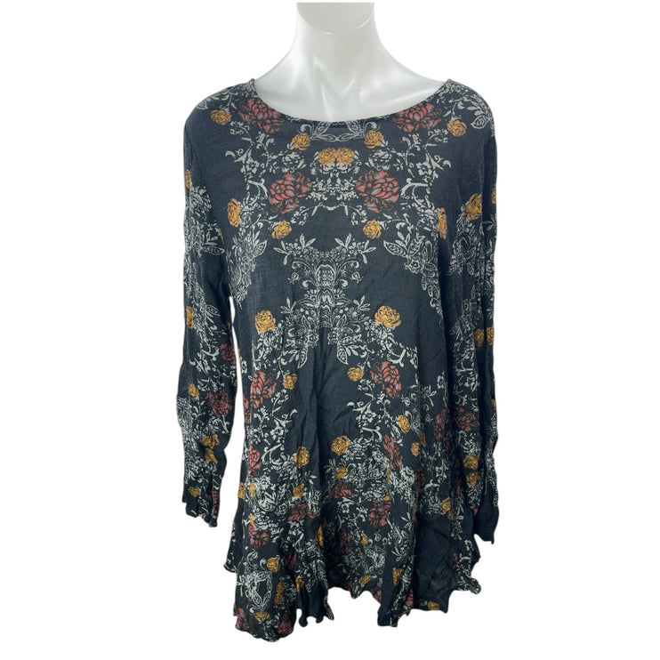 Free People Smooth Talker Black Floral Open Back Long Sleeve Tunic Mini Dress L