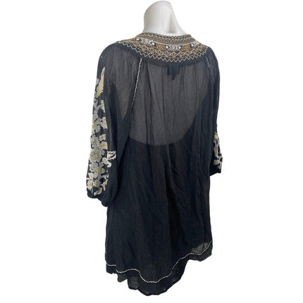 NEW Shyanne Black Floral Embroidered Tassel 3/4 Sleeve Mini Tunic Shift Dress XS
