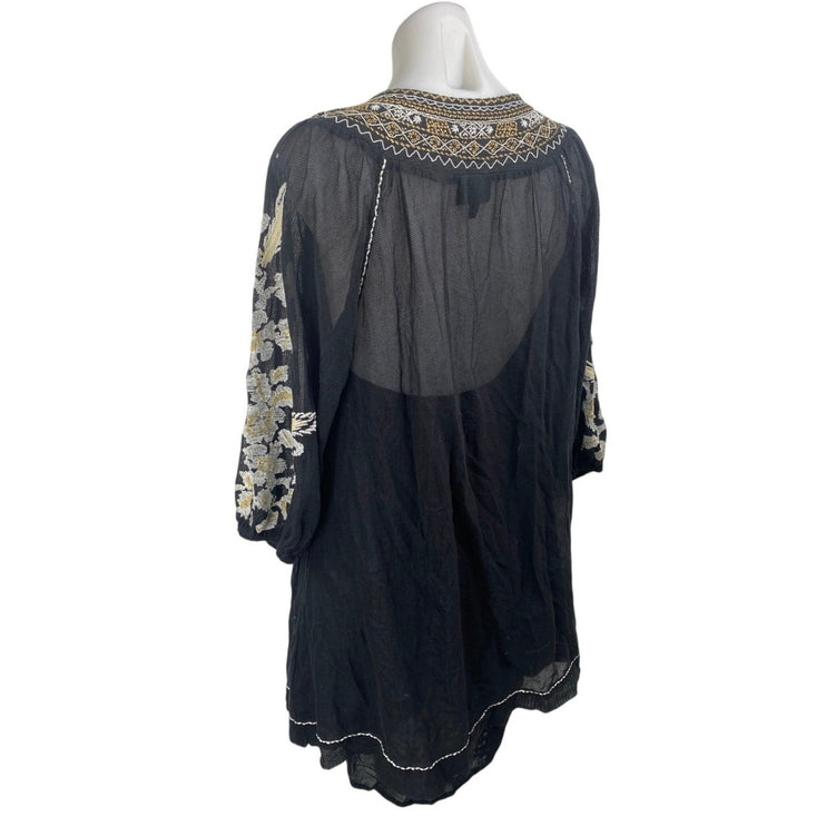 NEW Shyanne Black Floral Embroidered Tassel 3/4 Sleeve Mini Tunic Shift Dress XS