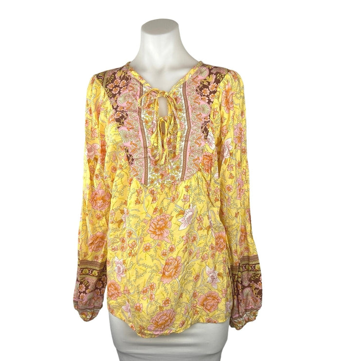 Kaywide Yellow Floral Tie V-Neck Long Sleeve Lace-up Boho Blouse Tops Shirts M