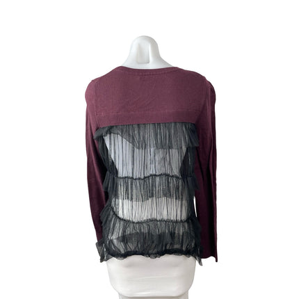 Chelsea 28 Red Maroon Sheer Mesh Back Ruffle Long Sleeve Sweatshirt Top Size M