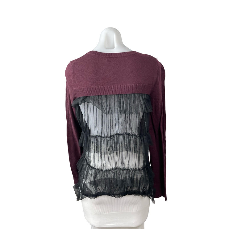 Chelsea 28 Red Maroon Sheer Mesh Back Ruffle Long Sleeve Sweatshirt Top Size M