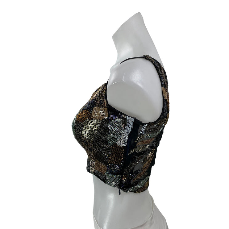 Women's Black Beaded Patchwork Mesh Sleeveless V Neck Cami Tank Crop Top Size S