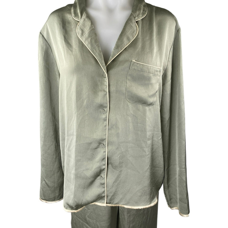 Topshop Women's Green Silk Satin Long Sleeve Button Down Pajama Set Size 8/10