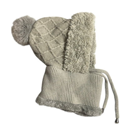 Gray Fleece Cable Knit Pom Pom Scarf Hat Warmer Beanie Face Cover Trapper OS