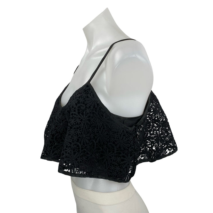 Topshop Women's Black Floral Crochet Lace Ruffle Asymmetrical Crop Tank Top Sz 2