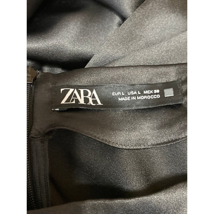 Zara Womens Black Silk Satin Ruched High Neck Long Sleeve Mini Wrap Dress Size L