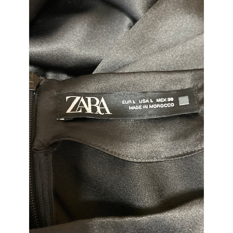 Zara Womens Black Silk Satin Ruched High Neck Long Sleeve Mini Wrap Dress Size L