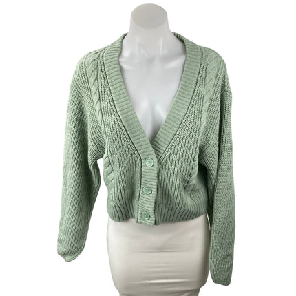 H&M Women's Green Cable Knit Ribbed V Neck Button Up Cardigan Sweater Top Size S