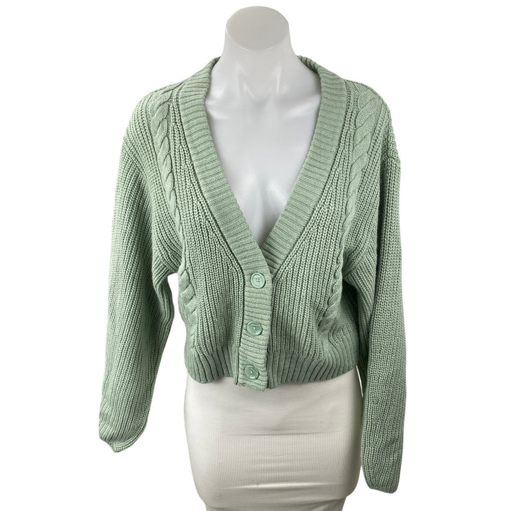 H&M Women's Green Cable Knit Ribbed V Neck Button Up Cardigan Sweater Top Size S
