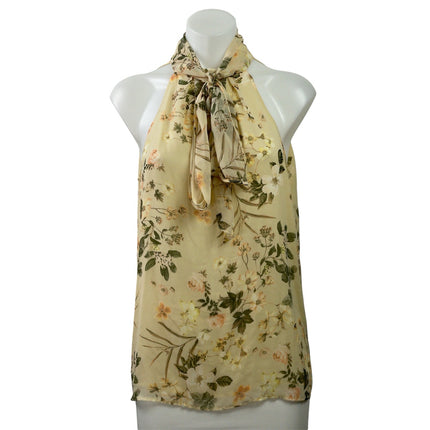 Calvin Klein Womens Yellow Green Floral Sleeveless Halter Tie Neck Blouse Top M