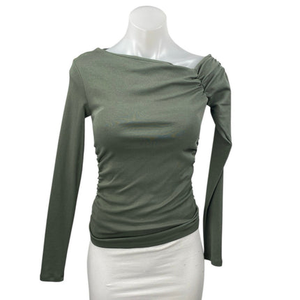 NEW Zara Women's Olive Green Ruched One Shoulder Long Sleeve Blouse Top Size S