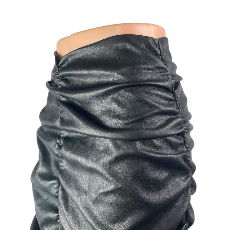 Hyfve Women's Black Faux Leather Vegan High Waist Ruched Pencil Mini Skirt Sz S