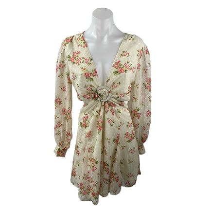 ASOS Design Womens Cream Floral Print V-Neck Long Sleeve Mini A-Line Dress Sz 6