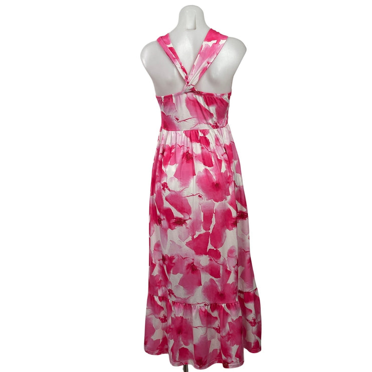 Grace Karin Pink Floral Cross Strap Sleeveless Summer Pleated ALine Maxi Dress S