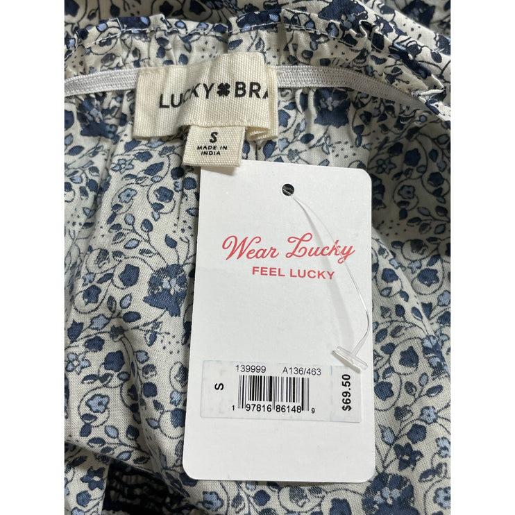 NEW Lucky Brand Women's Blue White Floral Short Sleeve Boho Blouse Top Size S