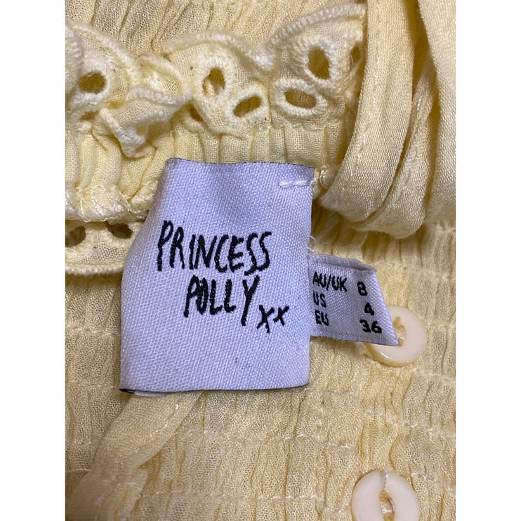 Princess Polly Yellow Embroidered Eyelet Ruffle Tie Smocked Tank Crop Top Sz 4