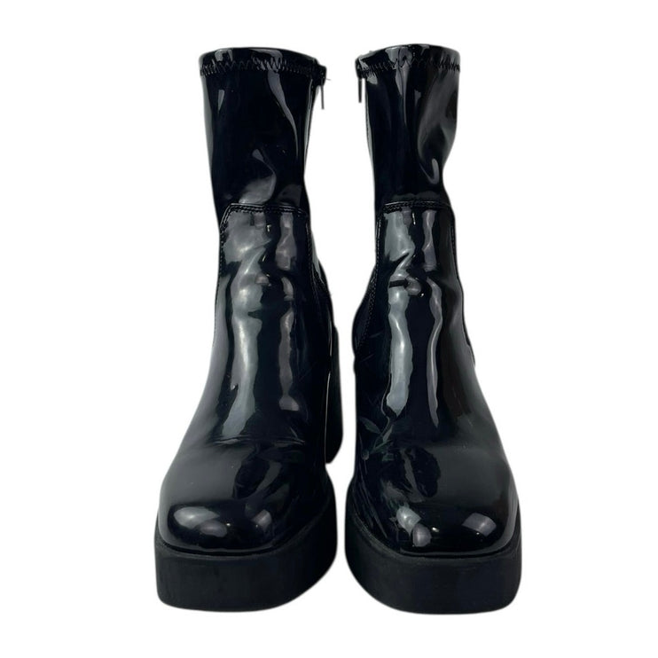 Aldo Upstep Black Patent Leather Almond Toe Block Heel Platform Ankle Boots 10