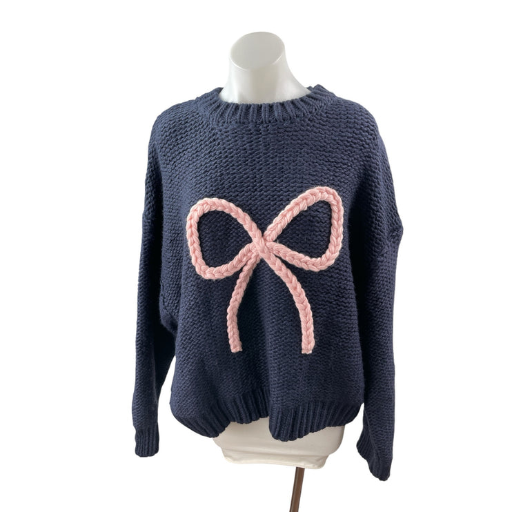 Cider Women Navy Blue Pink Ribbon Bow Braid Coquette Long Sleeve Sweater Top 3XL