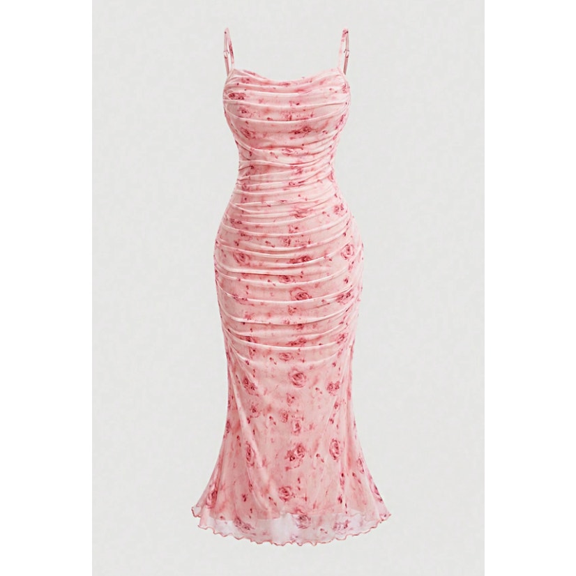 New Shein Pink Floral Ruched Sleeveless Cami Camisole Tank Midi Bodycon Dress M