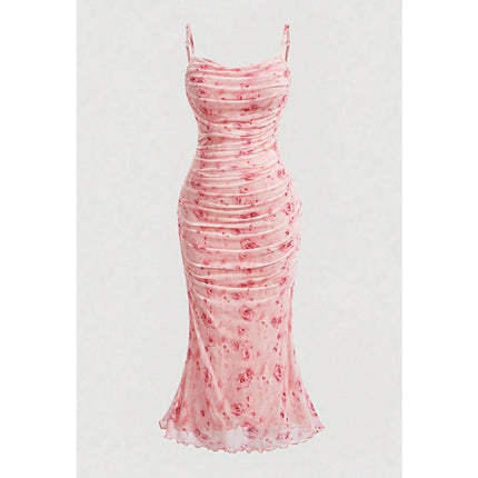 NEW Shein Pink Floral Ruched Sleeveless Cami Camisole Tank Midi Bodycon Dress M