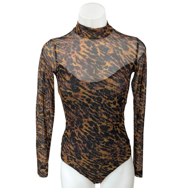 AllSaints Ambient Elia Leopard Animal Print Mesh Long Sleeve Bodysuit Top Size S