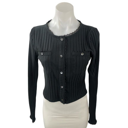 J.Crew Pointelle Black Ribbed Lace Trim Button Down Crop Cardigan Sweater Top S